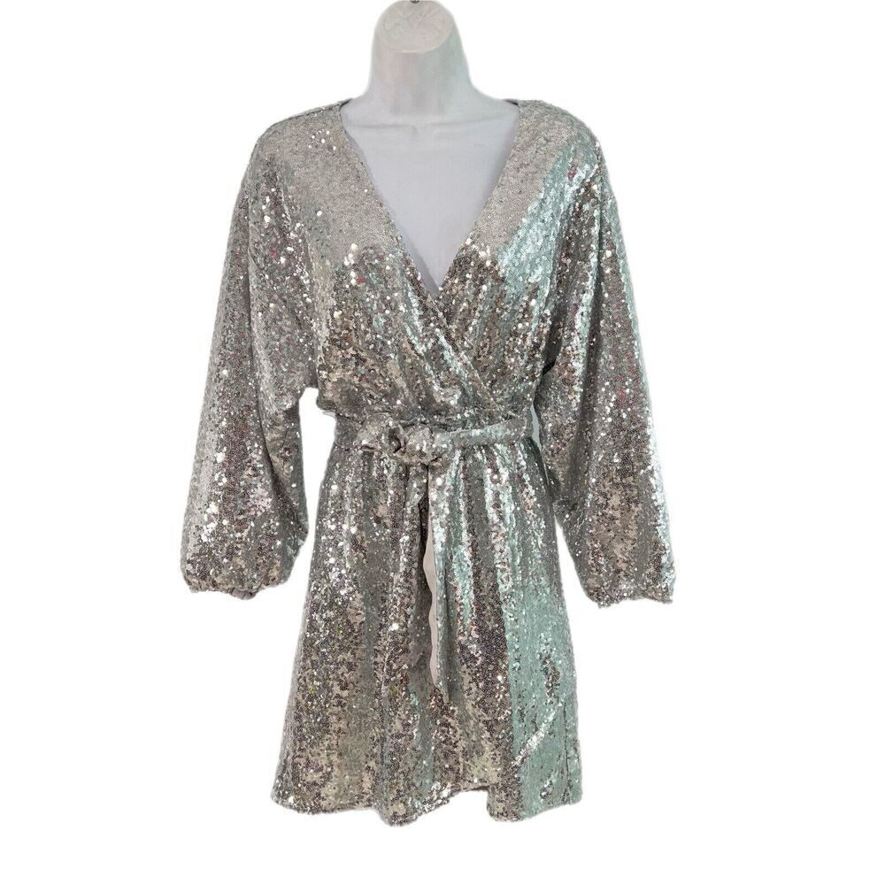 Anthropologie Lisabette Sequined Wrap Mini Dress XS Silver Belt V-neck Pullover